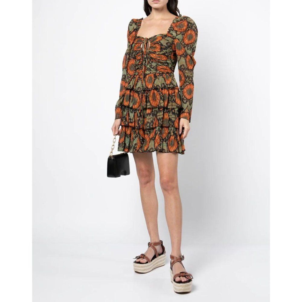 Ulla Johnson Naiya Orange Green Abstract Long Sleeve Ruffle Mini Dress